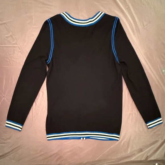 Talbots Black Silver Button Cardigan Sweater w/ Blue/White Trim Size Medium - Picture 4 of 9